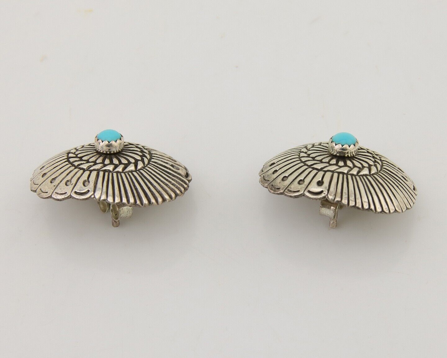 Navajo Concho Earrings 925 Silver Natural Turquoise Native American Artist C.80s