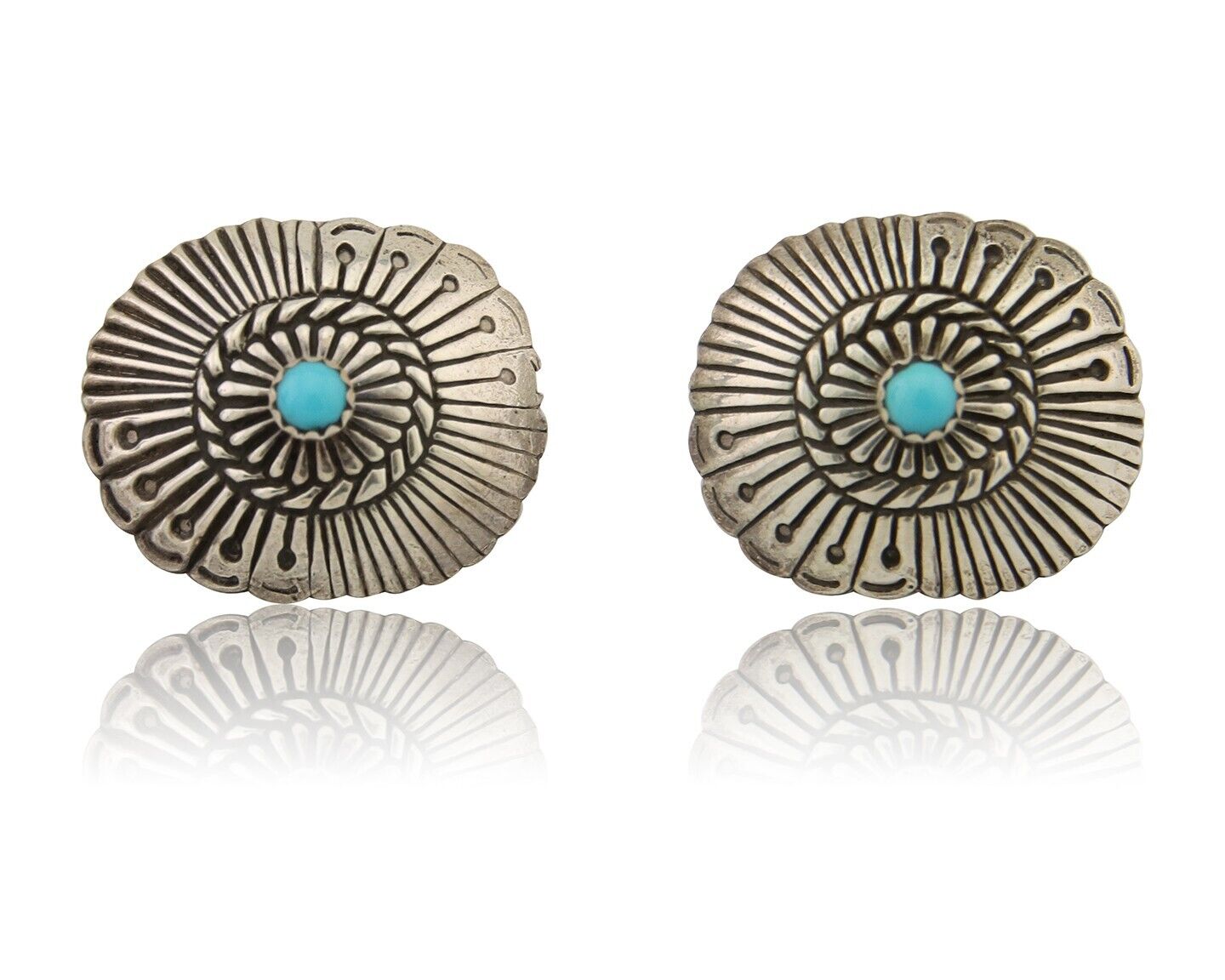 Navajo Concho Earrings 925 Silver Natural Turquoise Native American Artist C.80s