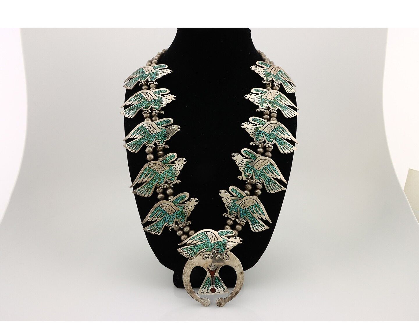 Navajo Necklace 925 Silver Chip Inlay Turquoise & Coral Native American C.80's