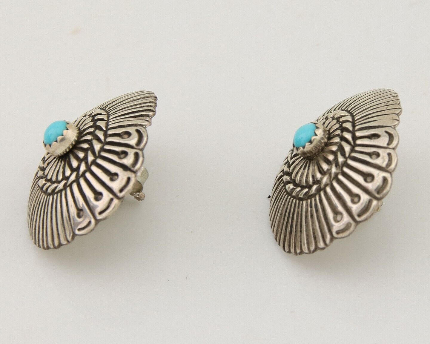 Navajo Concho Earrings 925 Silver Natural Turquoise Native American Artist C.80s