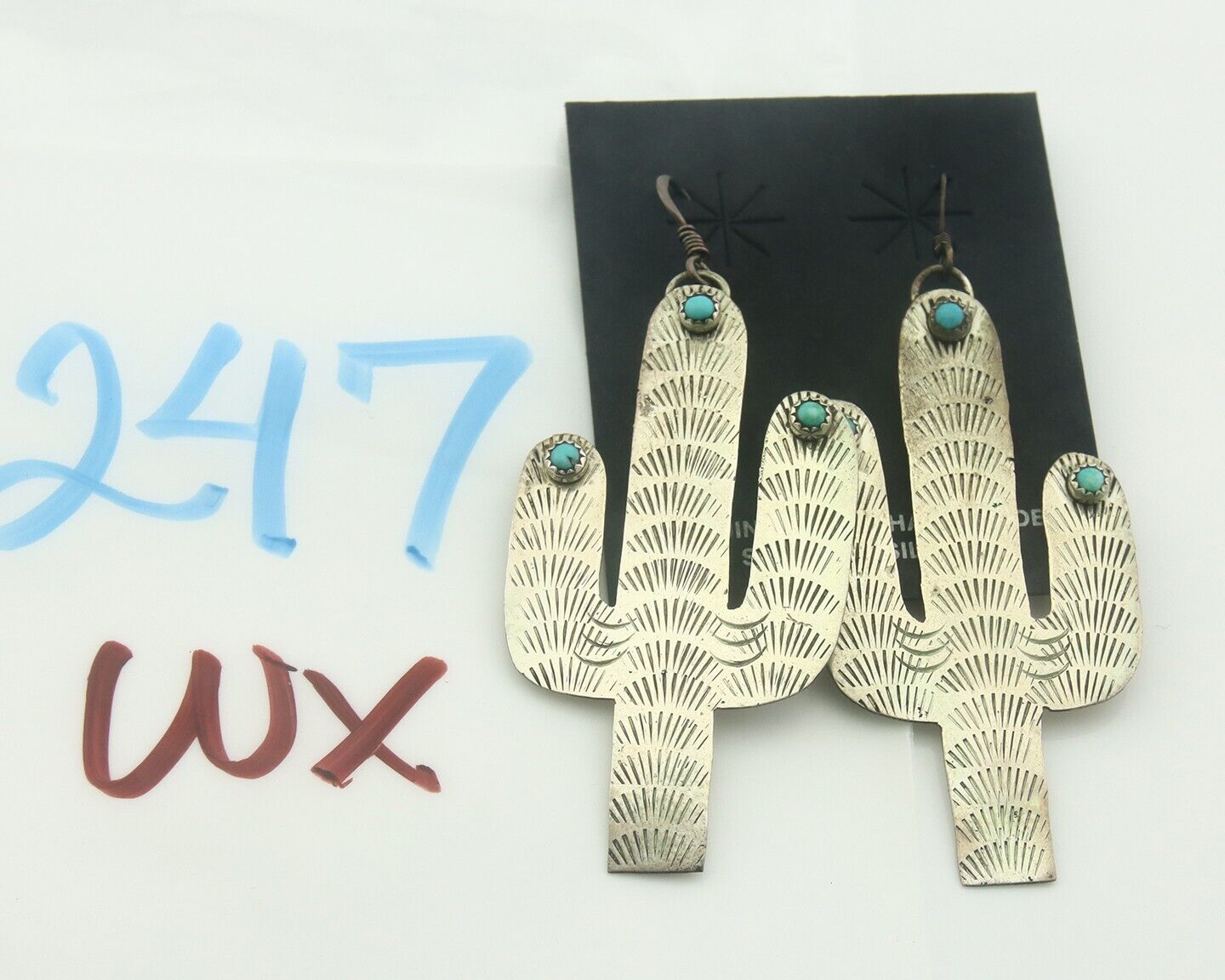 Navajo Cactus Earrings 925 Silver Natural Turquoise Native American Artist C.80s