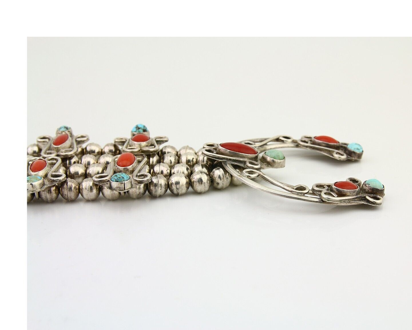 Navajo Coral Turquoise Squash Necklace 925 Silver Native Artist