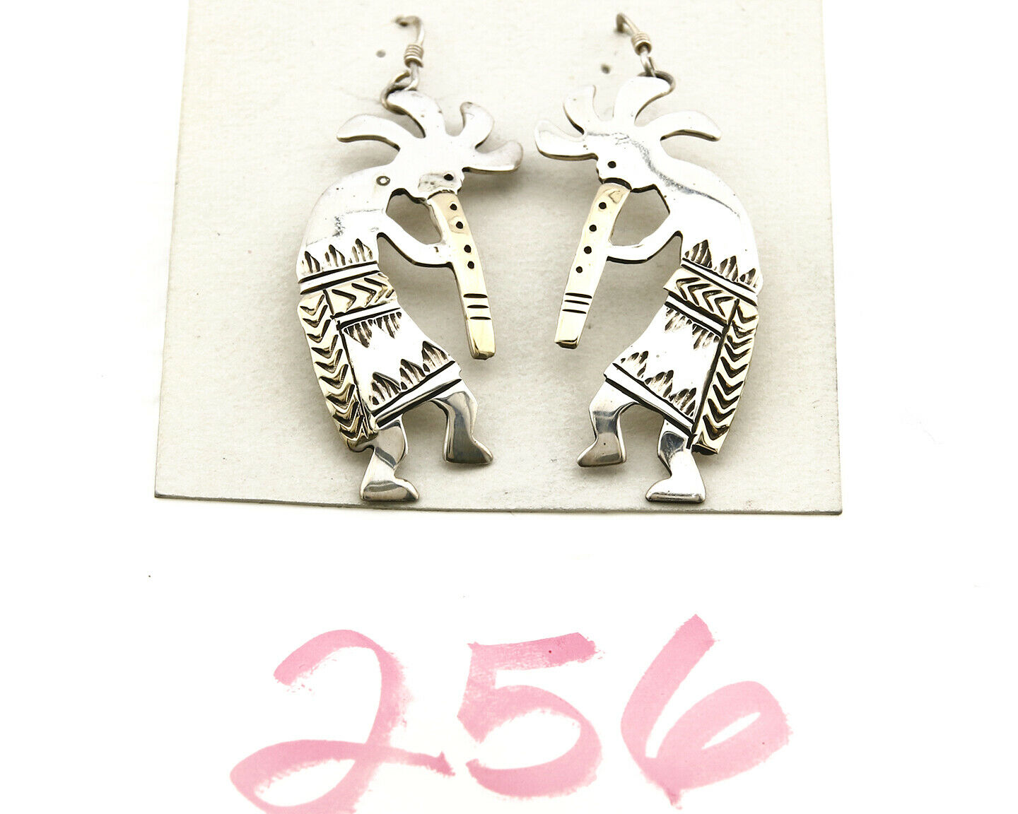 Navajo Dangle Earrings .925 Silver & 14k Solid Yellow Gold Kokopelli Signed RT