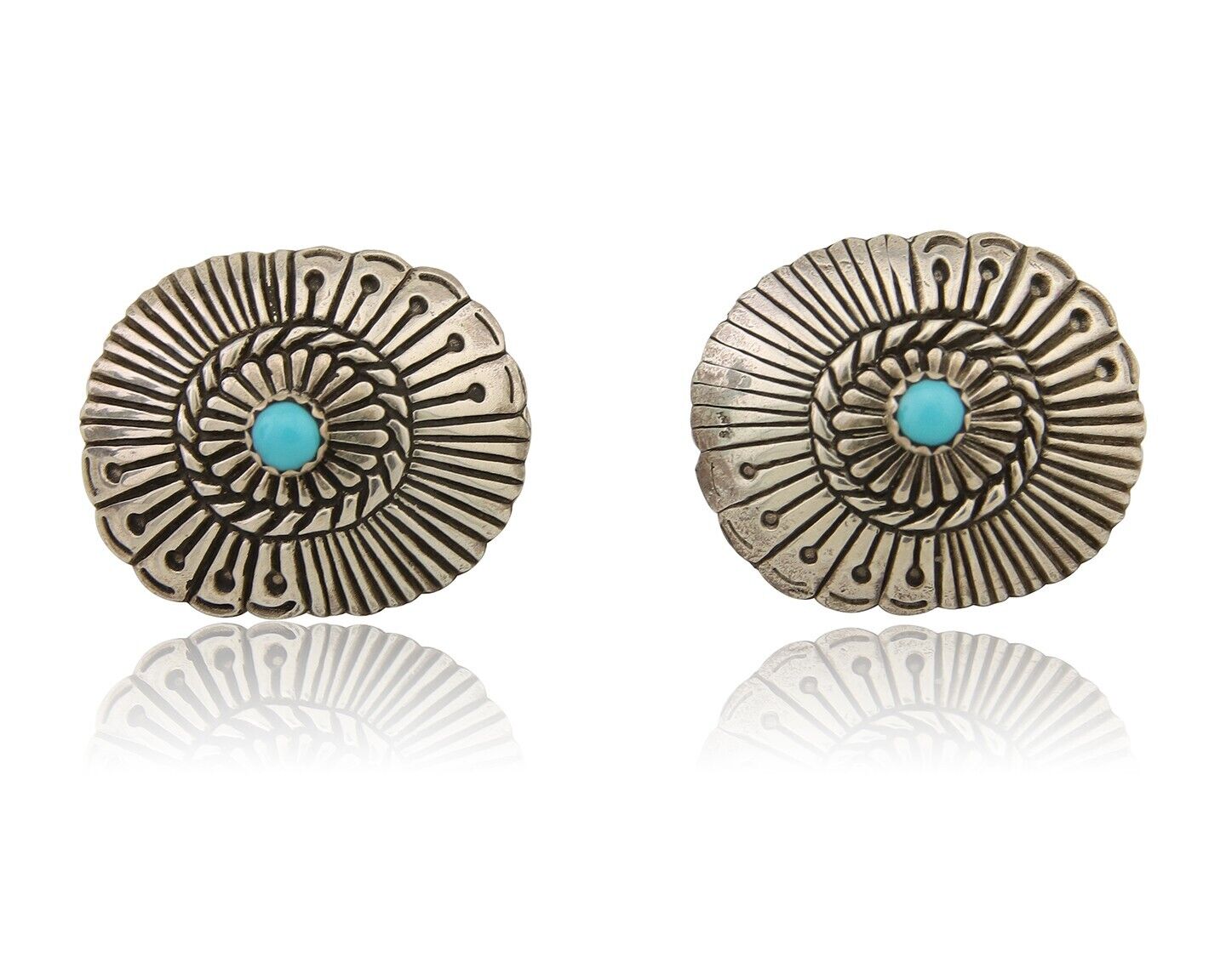 Navajo Concho Earrings 925 Silver Natural Turquoise Native American Artist C.80s