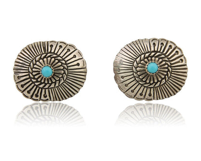 Navajo Concho Earrings 925 Silver Natural Turquoise Native American Artist C.80s