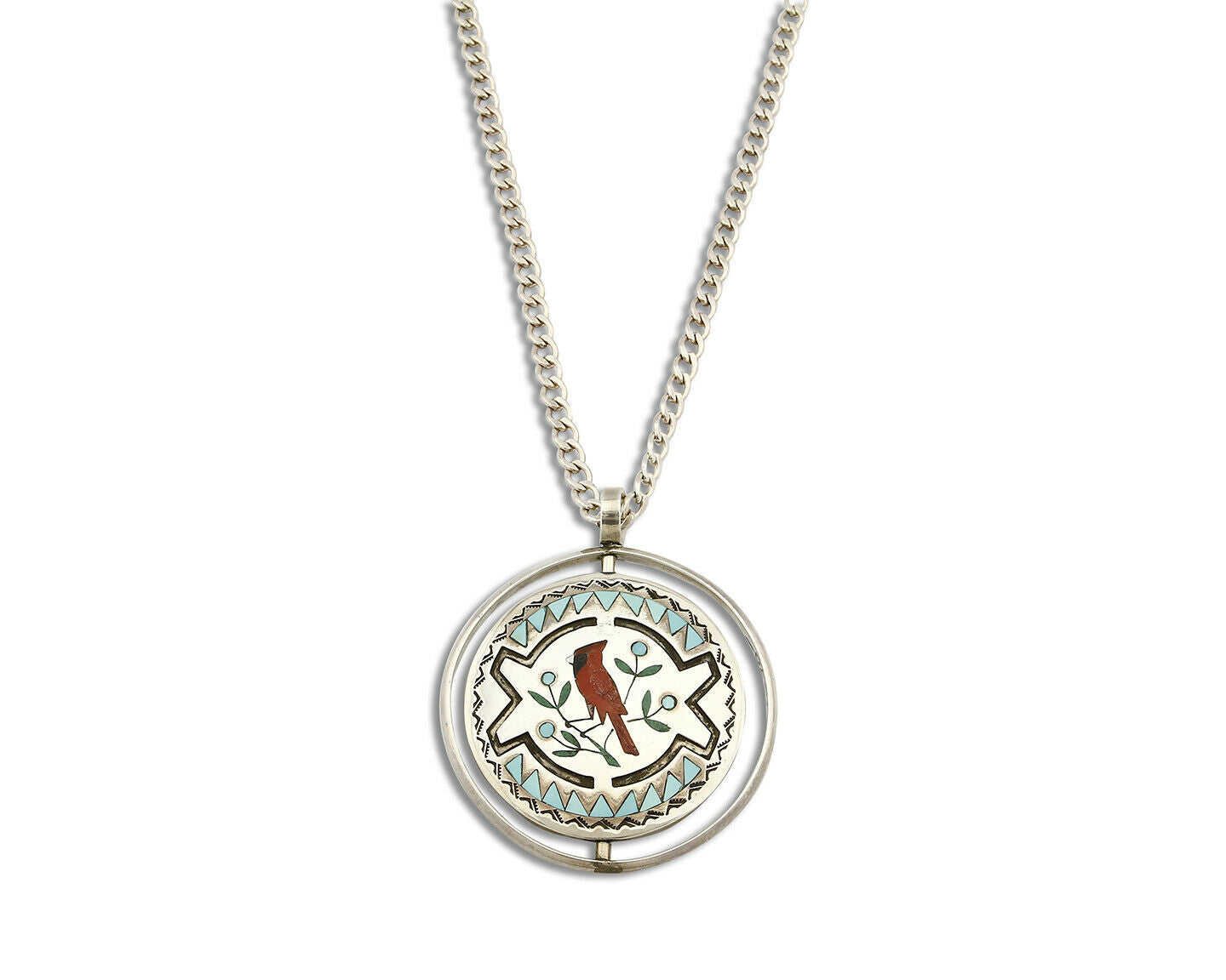 Zuni Bird Spinner Necklace .925 Silver Inlaid Signed Ghahate