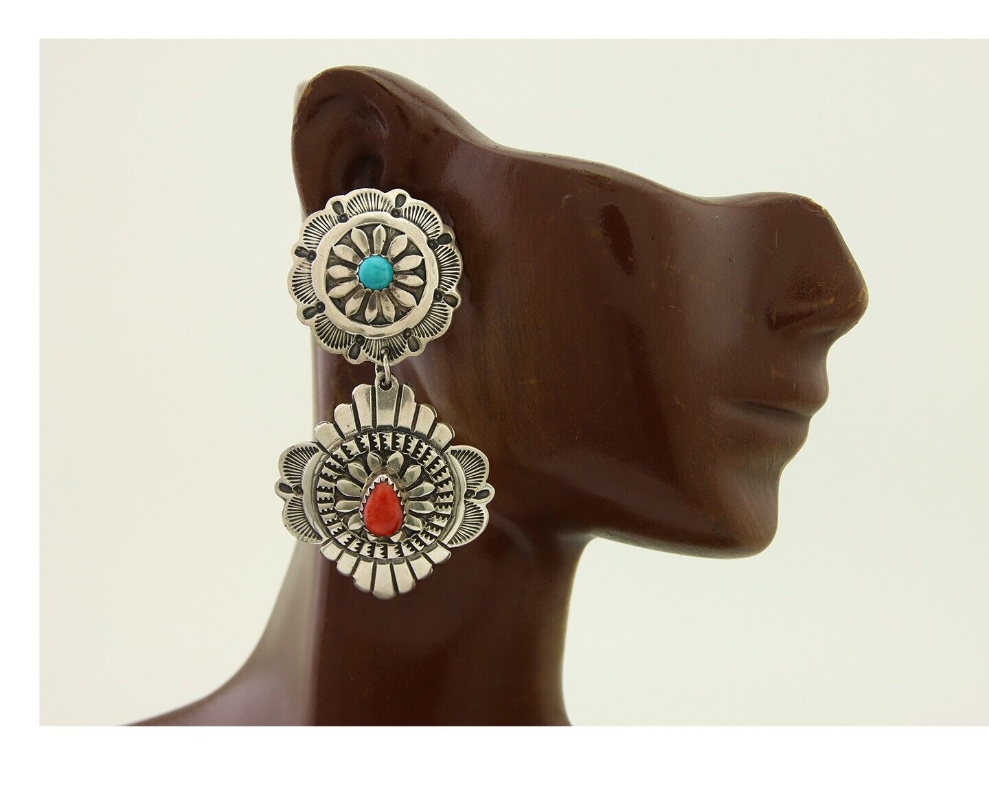 Navajo Concho Earrings 925 Silver Turquoise & Spiney Oyster American Artist C80s