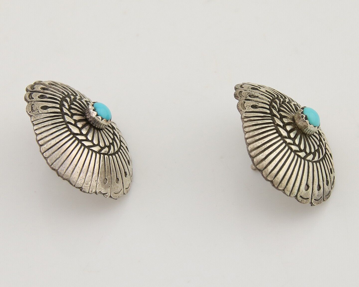 Navajo Concho Earrings 925 Silver Natural Turquoise Native American Artist C.80s