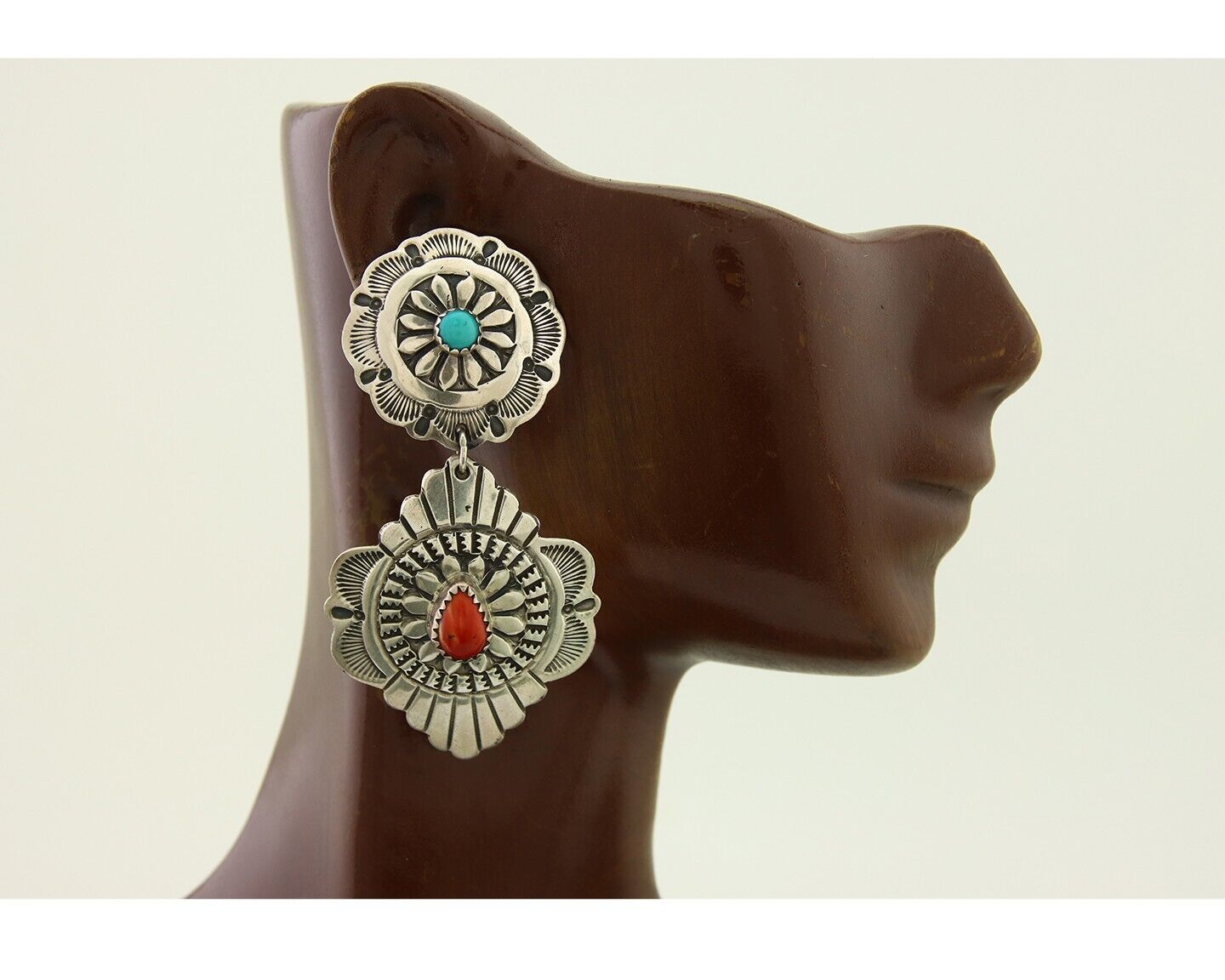 Navajo Concho Earrings 925 Silver Turquoise & Spiney Oyster American Artist C80s