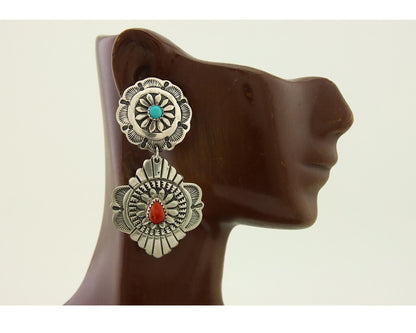 Navajo Concho Earrings 925 Silver Turquoise & Spiney Oyster American Artist C80s