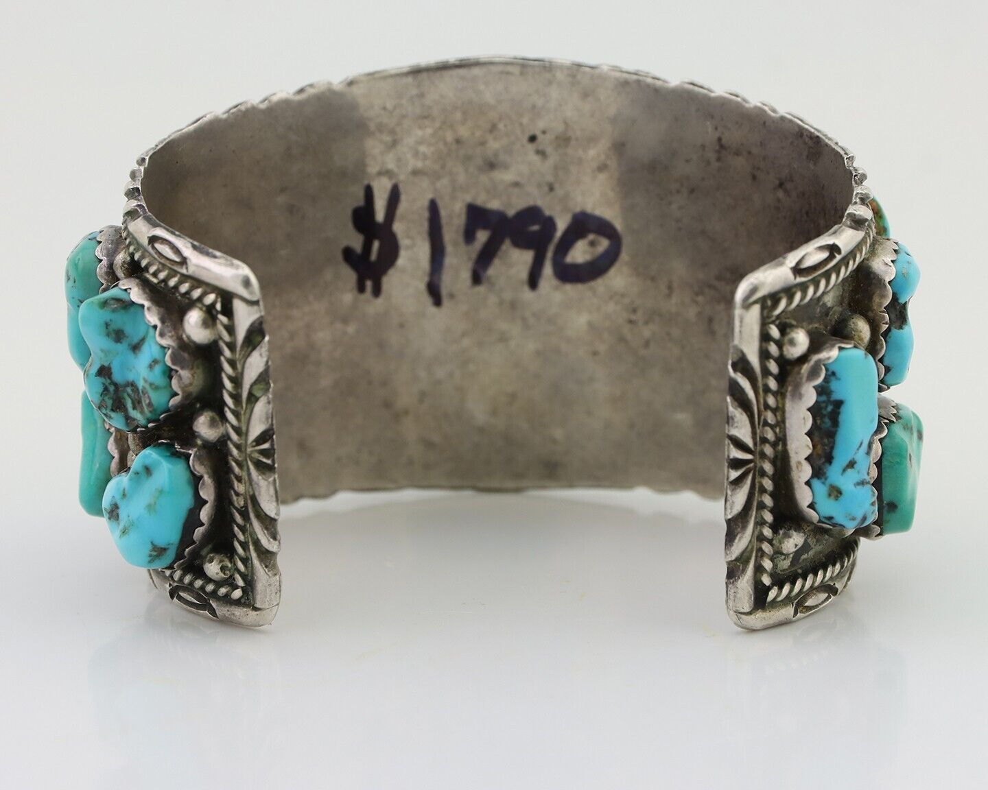 Men Navajo Cuff Bracelet 925 Silver Blue Hand Cut Turquoise Native Artist C.80's