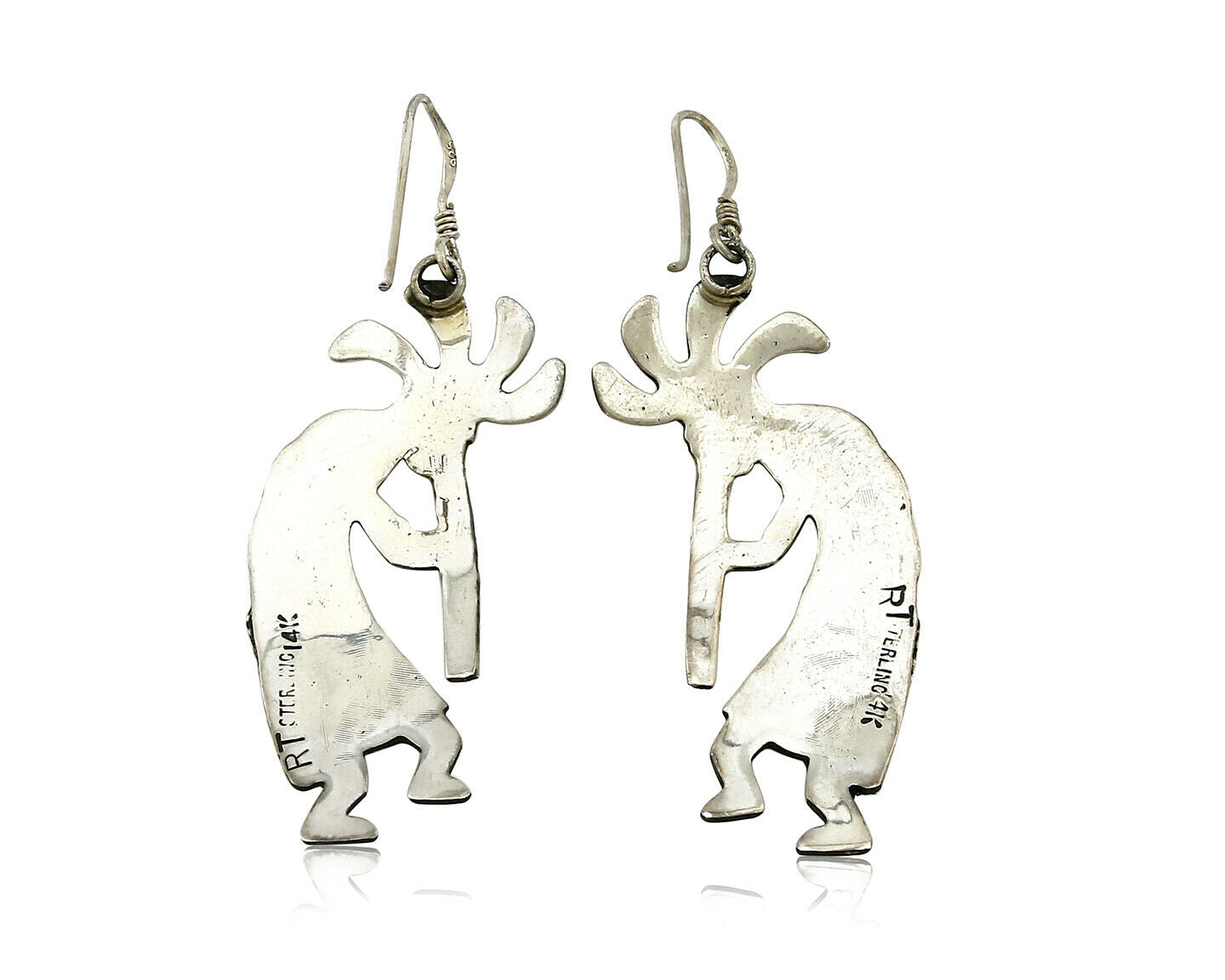 Navajo Dangle Earrings .925 Silver & 14k Solid Yellow Gold Kokopelli Signed RT