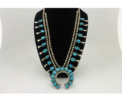 Navajo Squash Necklace 925 Silver Sleeping B Turquoise Signed J Johnson C.80's