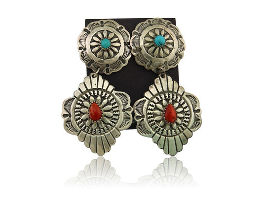 Navajo Concho Earrings 925 Silver Turquoise & Spiney Oyster American Artist C80s