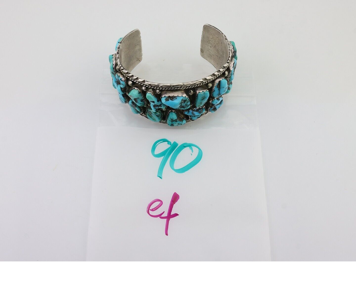 Men Navajo Cuff Bracelet 925 Silver Blue Hand Cut Turquoise Native Artist C.80's
