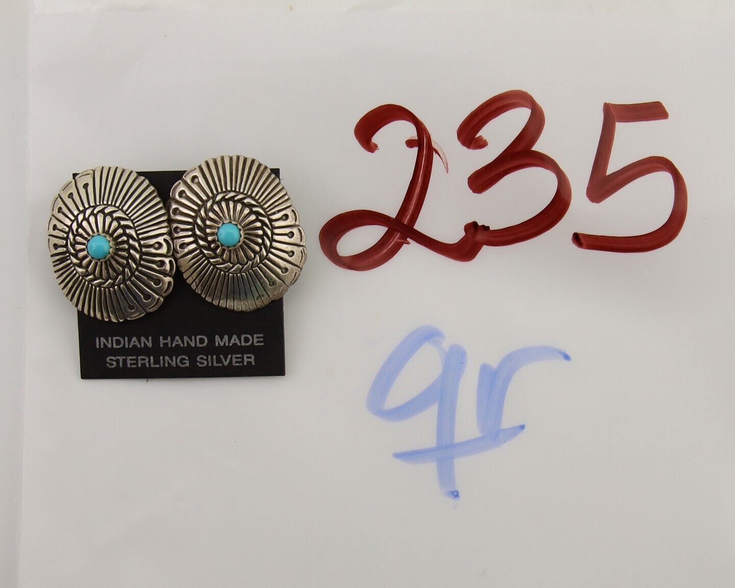 Navajo Concho Earrings 925 Silver Natural Turquoise Native American Artist C.80s