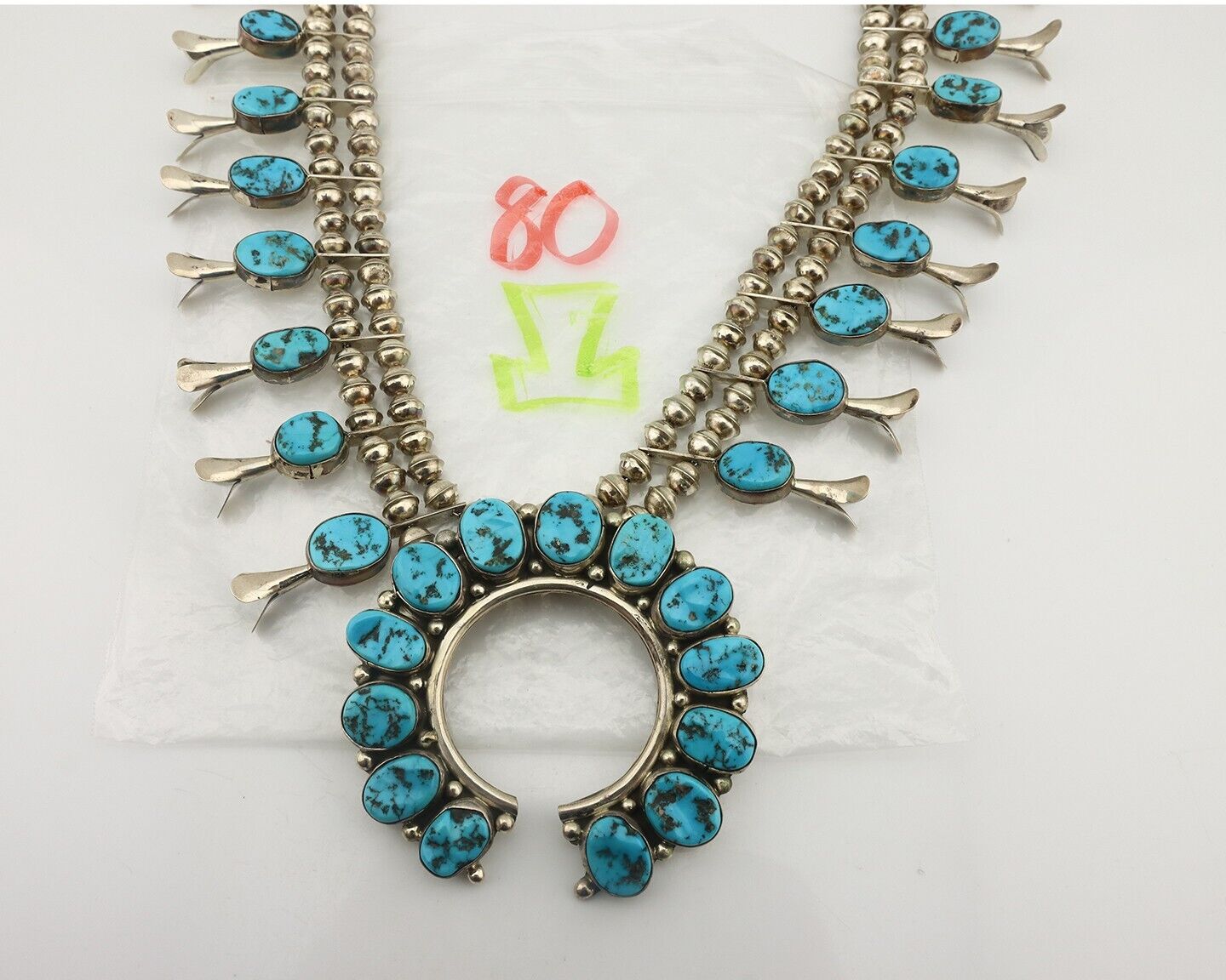Navajo Squash Necklace 925 Silver Sleeping B Turquoise Signed J Johnson C.80's