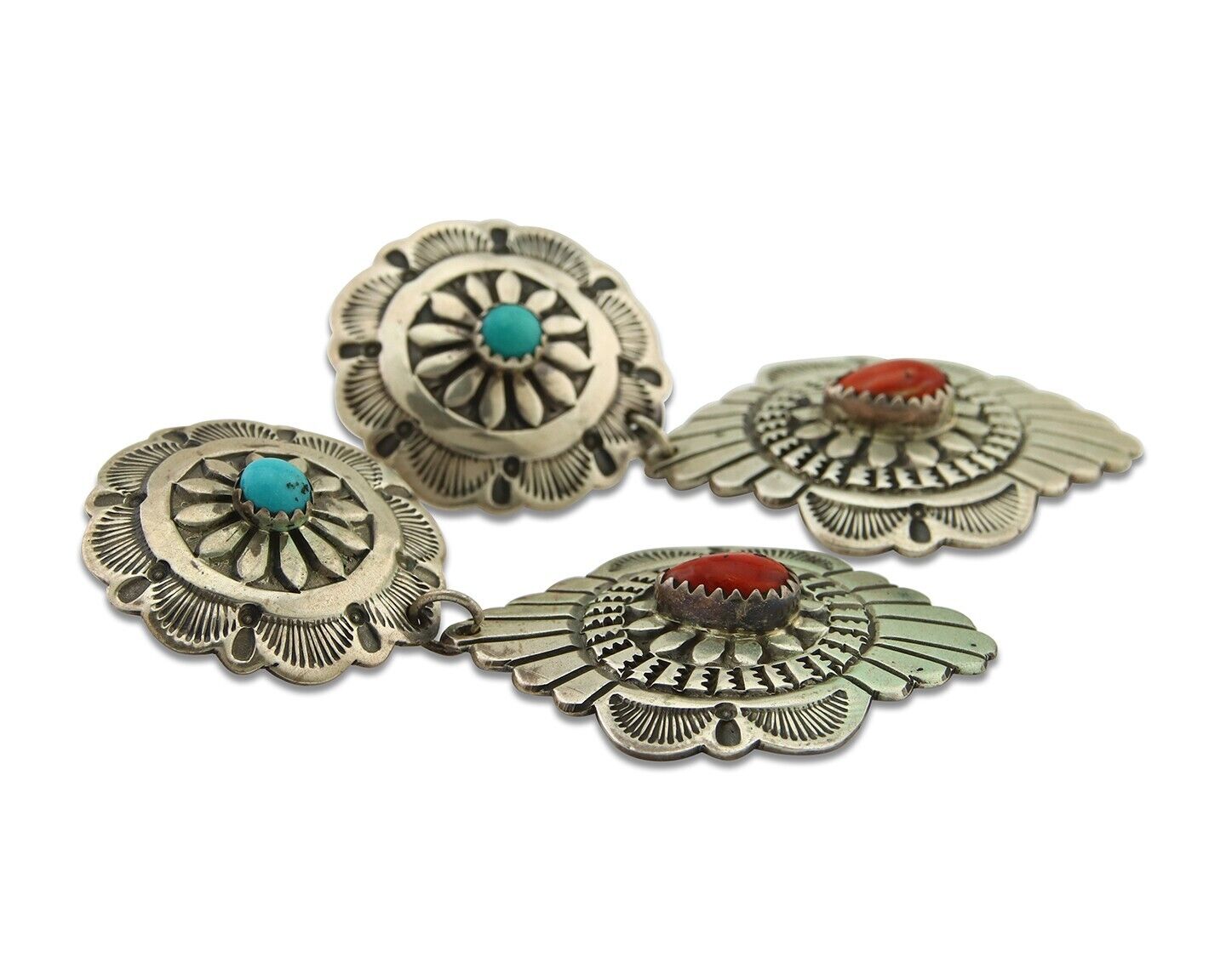 Navajo Concho Earrings 925 Silver Turquoise & Spiney Oyster American Artist C80s