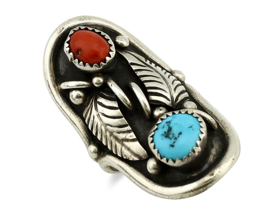 Navajo Ring 925 Silver Turquoise & Coral Artist Signed Benson Boyd C.80's