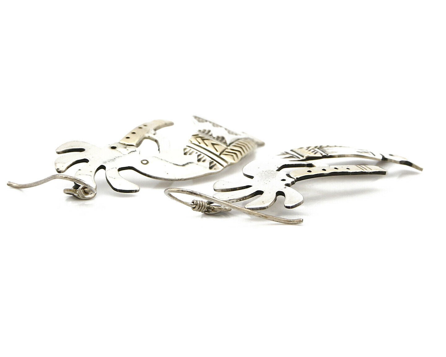 Navajo Dangle Earrings .925 Silver & 14k Solid Yellow Gold Kokopelli Signed RT