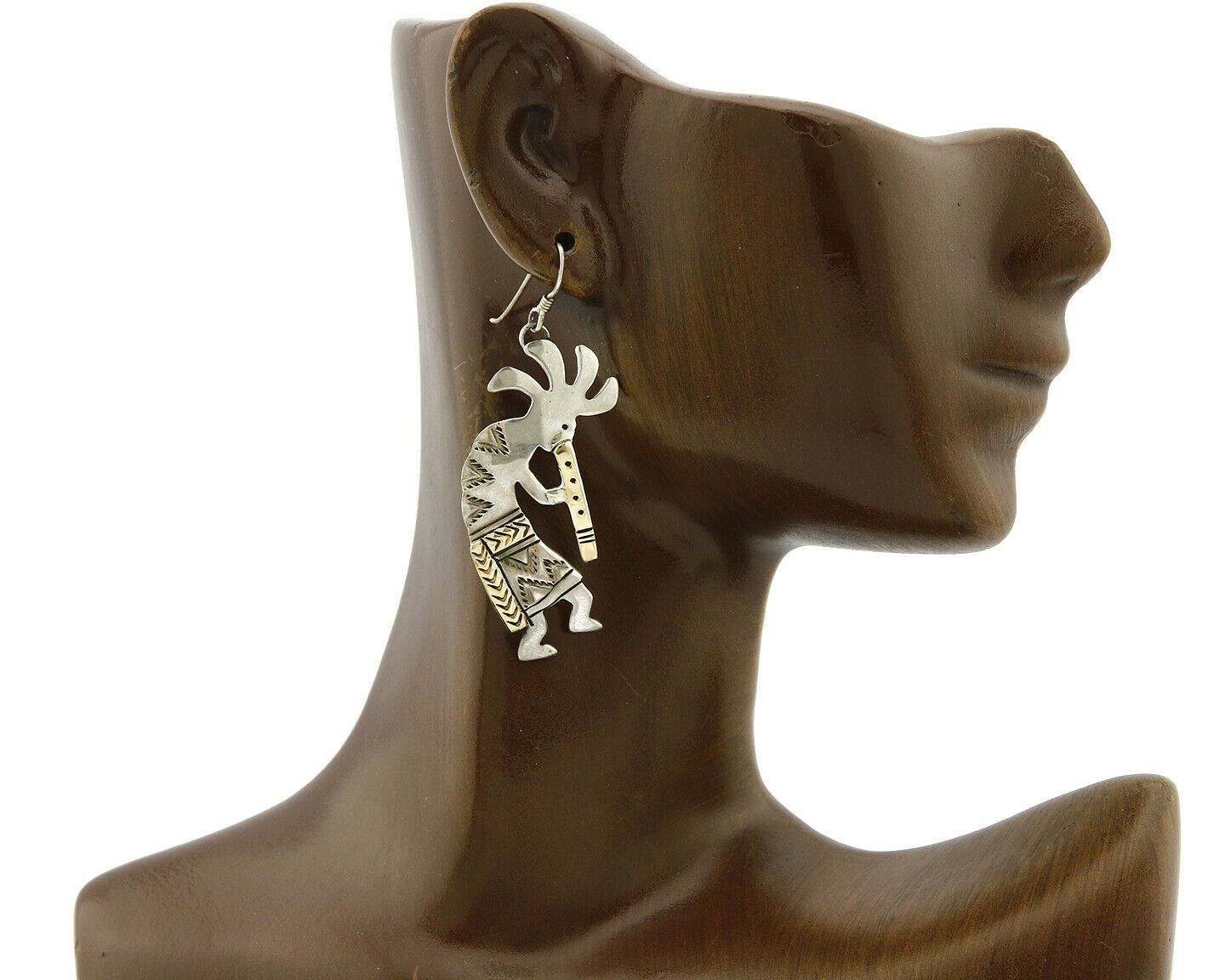 Navajo Dangle Earrings .925 Silver & 14k Solid Yellow Gold Kokopelli Signed RT
