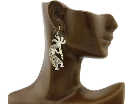 Navajo Dangle Earrings .925 Silver & 14k Solid Yellow Gold Kokopelli Signed RT