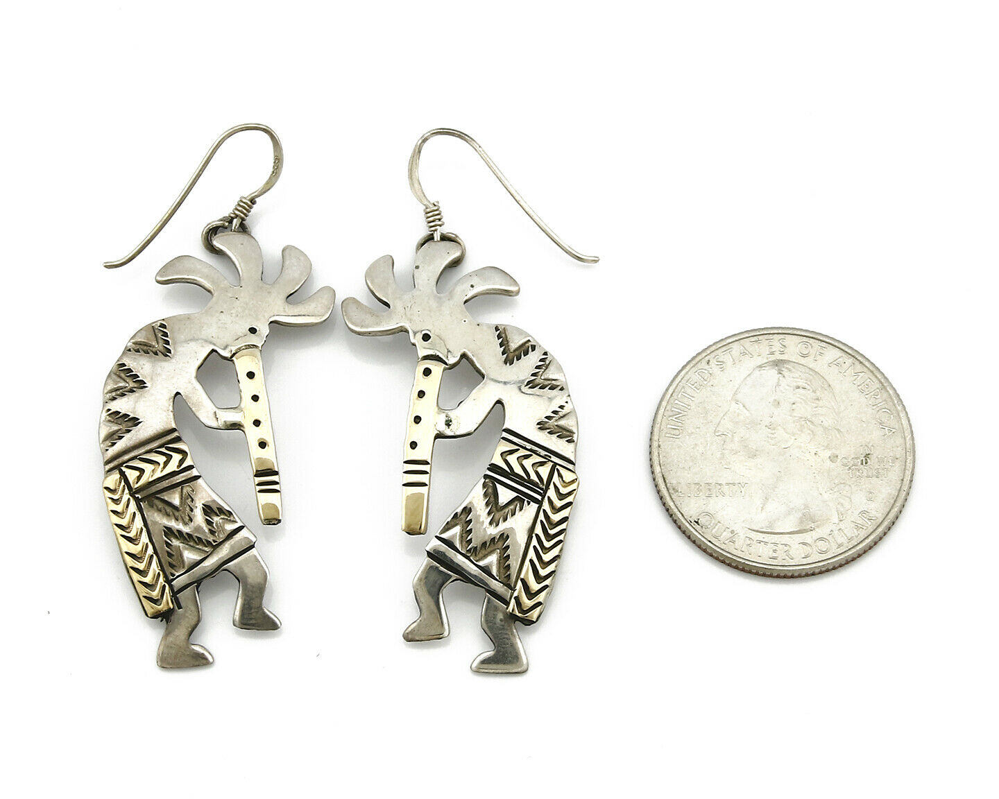 Navajo Dangle Earrings .925 Silver & 14k Solid Yellow Gold Kokopelli Signed RT