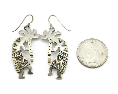 Navajo Dangle Earrings .925 Silver & 14k Solid Yellow Gold Kokopelli Signed RT
