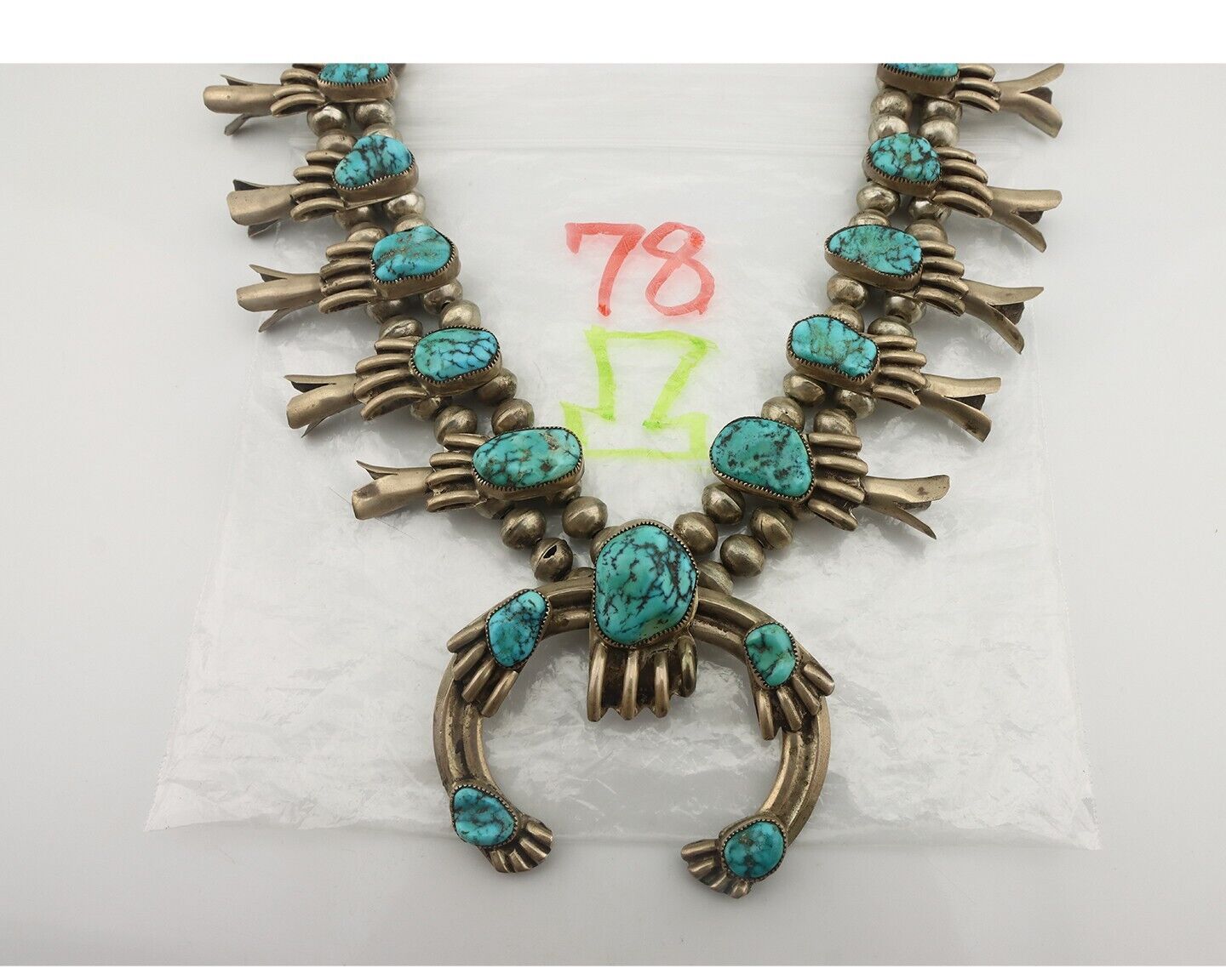 Navajo Squash Necklace 925 Silver Sleeping B Turquoise Native Handmade C.1970's