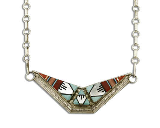 Zuni Turquoise Necklace .925 Silver Signed W & Carol Noha C. 80's 22 in Long