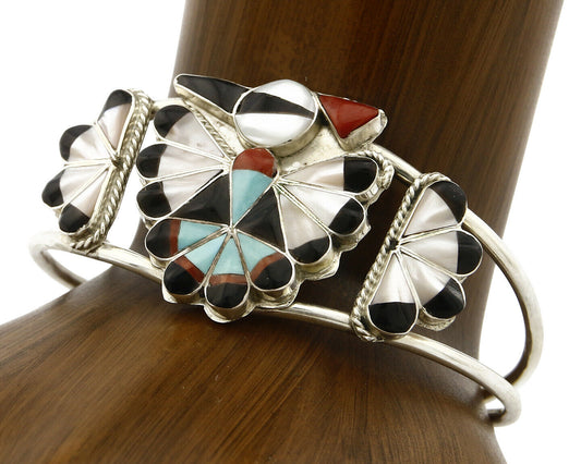 Zuni Bracelet .925 Silver Natural Gemstone Inlay Handmade Cuff C.80's