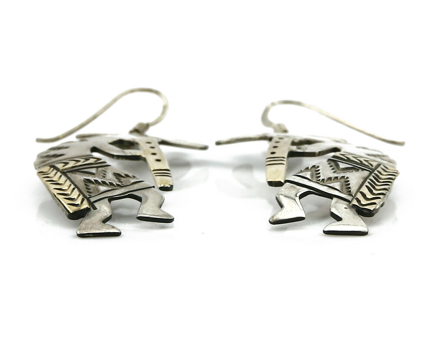 Navajo Dangle Earrings .925 Silver & 14k Solid Yellow Gold Kokopelli Signed RT