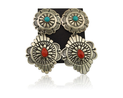 Navajo Concho Earrings 925 Silver Turquoise & Spiney Oyster American Artist C80s