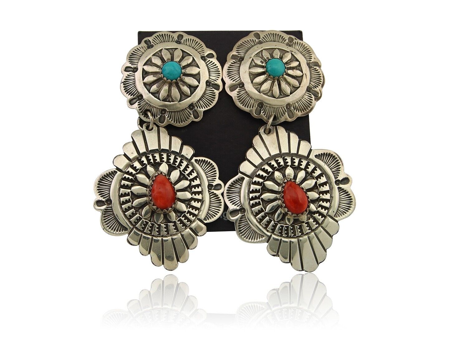 Navajo Concho Earrings 925 Silver Turquoise & Spiney Oyster American Artist C80s