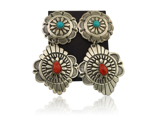Navajo Concho Earrings 925 Silver Turquoise & Spiney Oyster American Artist C80s