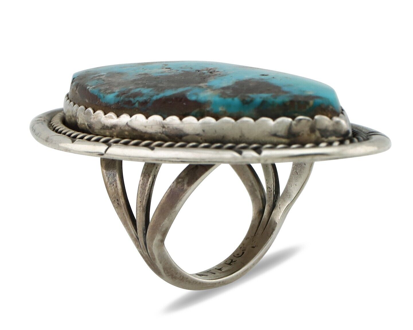 Navajo Ring 925 Silver Morenci Turquoise Artist Signed PLATERO C.80s