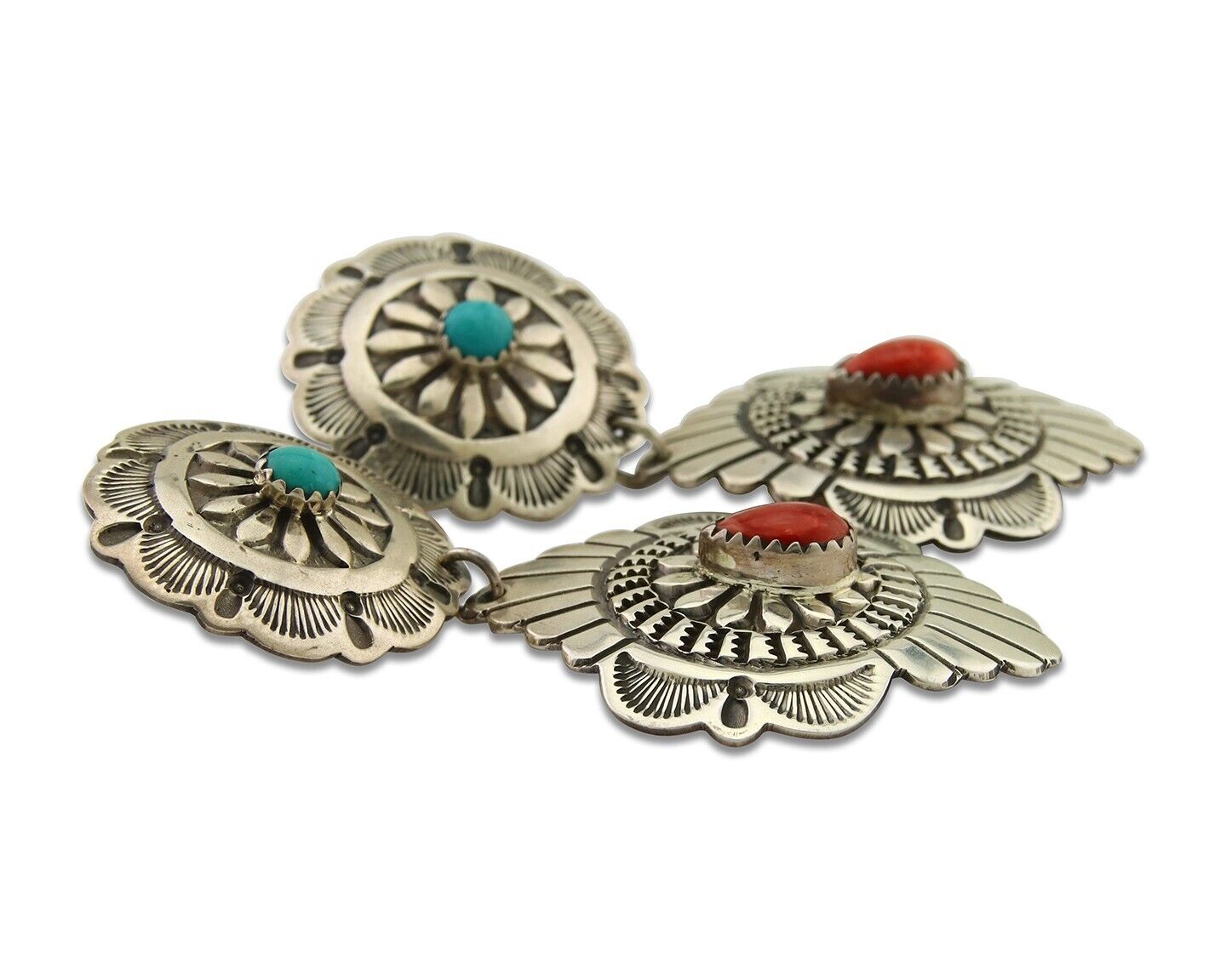 Navajo Concho Earrings 925 Silver Turquoise & Spiney Oyster American Artist C80s