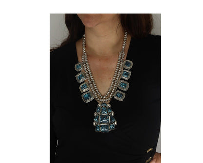 HUGE Navajo Squash Necklace 925 Silver Nalural Tuquoise Signed BY-OG C.80's