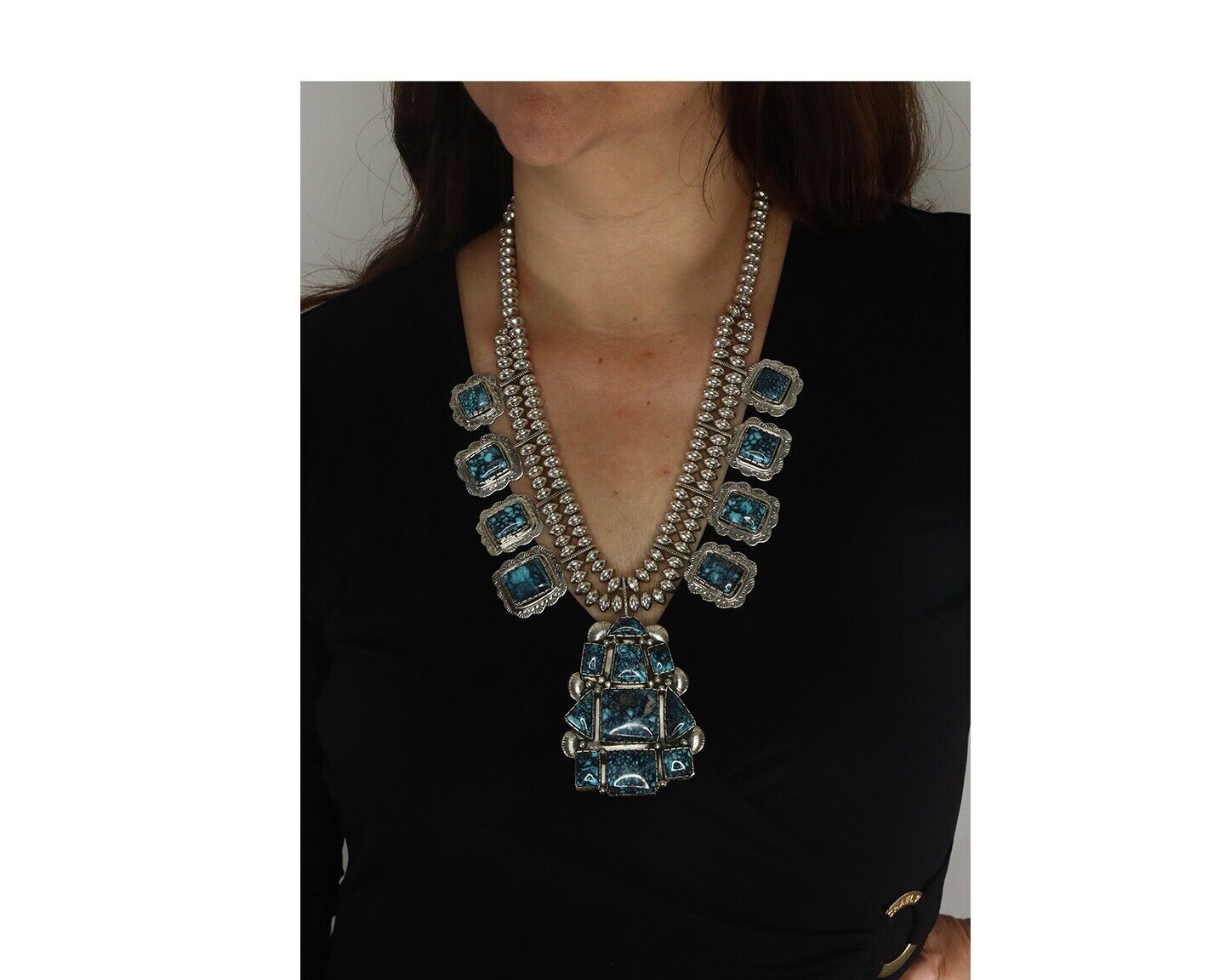 HUGE Navajo Squash Necklace 925 Silver Nalural Tuquoise Signed BY-OG C.80's