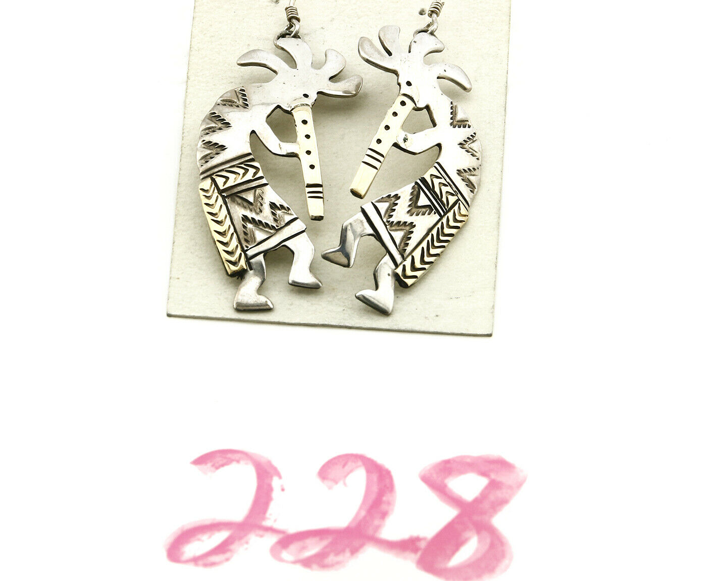 Navajo Dangle Earrings .925 Silver & 14k Solid Yellow Gold Kokopelli Signed RT