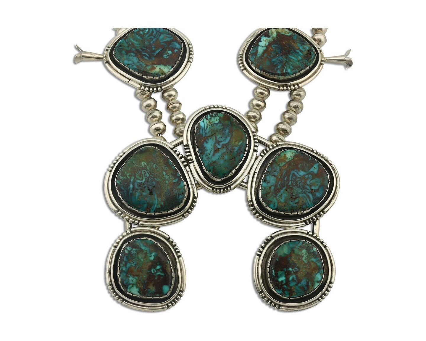 HUGE Navajo Squash Necklace 925 Silver Nalural Tuquoise Signed BY-OG C.80's
