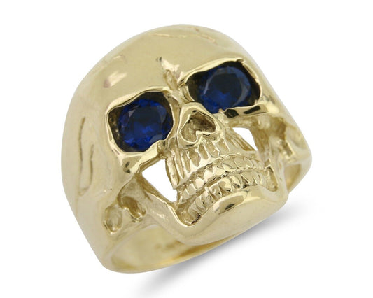 Men 14k SOLID Gold Skull Ring Silica Blue Sapphire Eyes Size 11