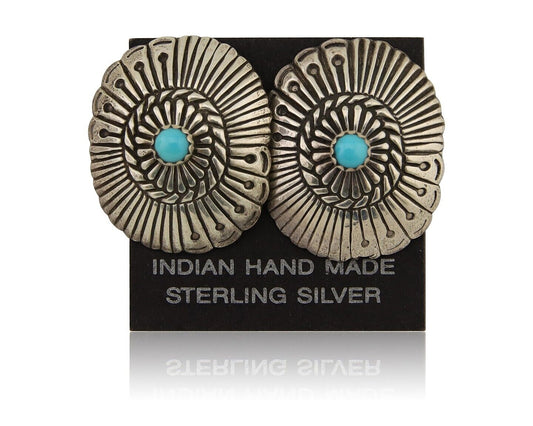 Navajo Concho Earrings 925 Silver Natural Turquoise Native American Artist C.80s