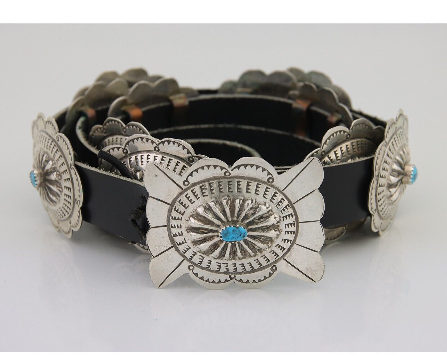 Navajo Concho Belt Turquoise 925 Silver Signed Fredrick Chavez