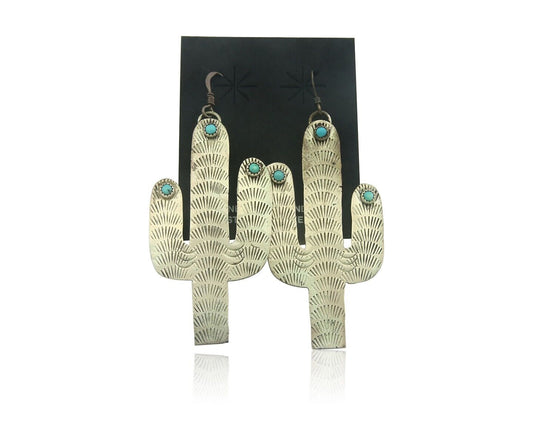 Navajo Cactus Earrings 925 Silver Natural Turquoise Native American Artist C.80s