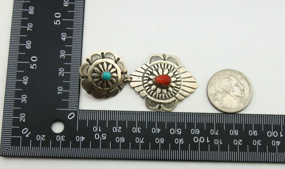 Navajo Concho Earrings 925 Silver Turquoise & Spiney Oyster American Artist C80s