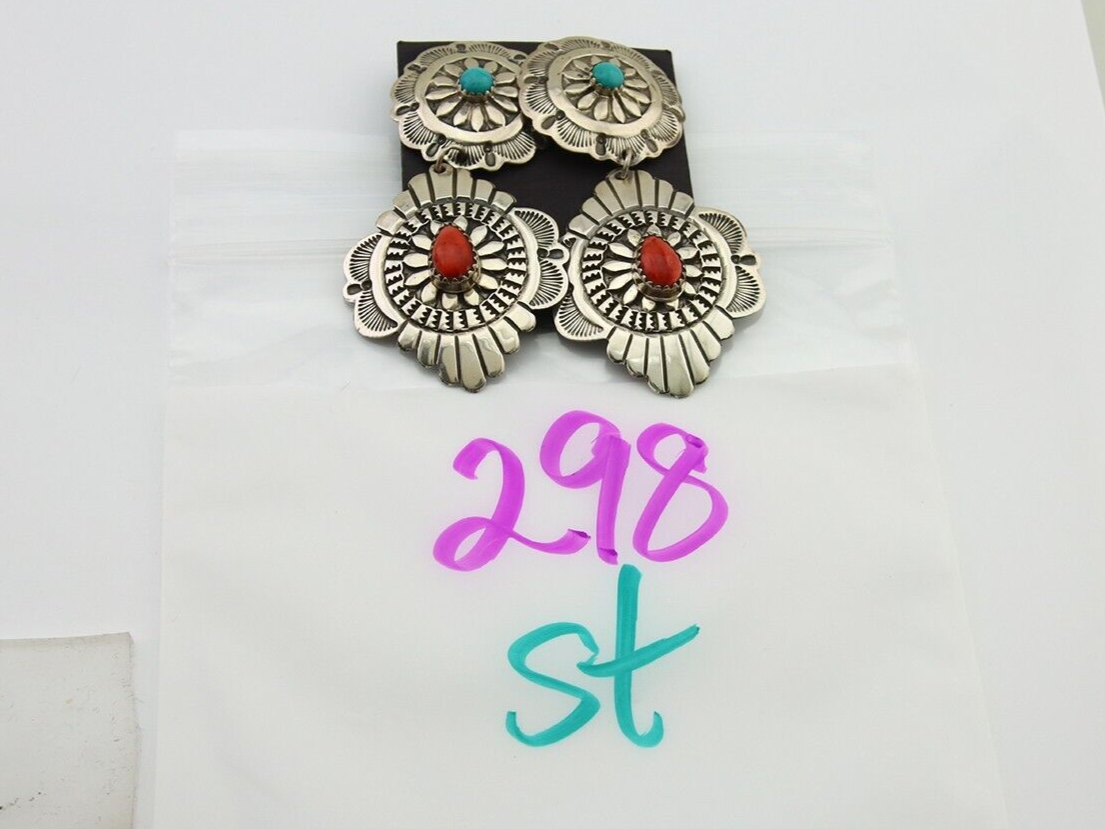 Navajo Concho Earrings 925 Silver Turquoise & Spiney Oyster American Artist C80s